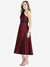 Side View Thumbnail - Cabernet & Black Draped One-Shoulder Satin Midi Dress with Pockets