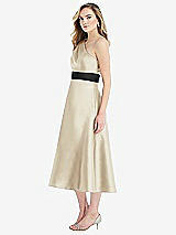 Side View Thumbnail - Champagne & Black Draped One-Shoulder Satin Midi Dress with Pockets