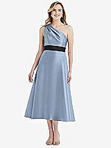Front View Thumbnail - Cloudy & Black Draped One-Shoulder Satin Midi Dress with Pockets