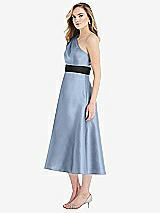 Side View Thumbnail - Cloudy & Black Draped One-Shoulder Satin Midi Dress with Pockets