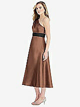Side View Thumbnail - Cognac & Black Draped One-Shoulder Satin Midi Dress with Pockets