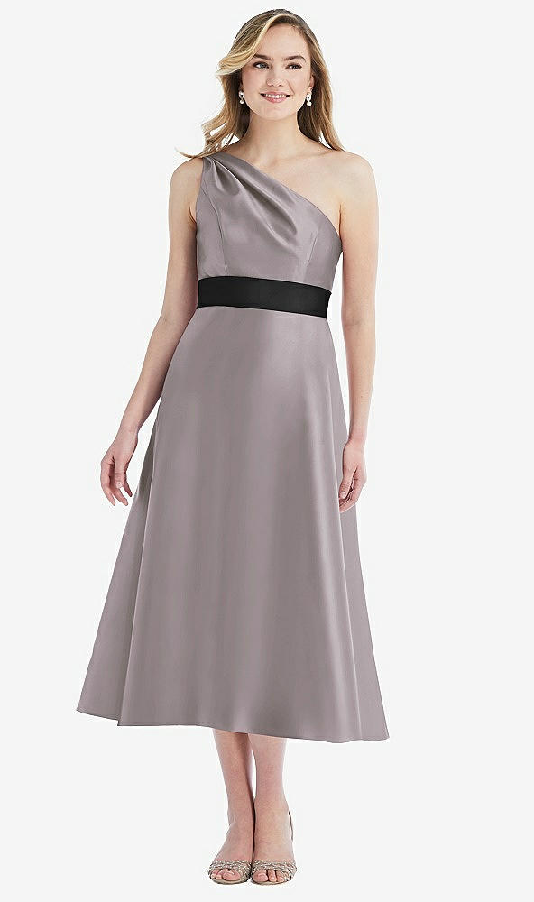 Front View - Cashmere Gray & Black Draped One-Shoulder Satin Midi Dress with Pockets