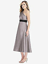 Side View Thumbnail - Cashmere Gray & Black Draped One-Shoulder Satin Midi Dress with Pockets
