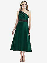 Front View Thumbnail - Hunter Green & Black Draped One-Shoulder Satin Midi Dress with Pockets