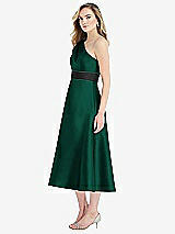 Side View Thumbnail - Hunter Green & Black Draped One-Shoulder Satin Midi Dress with Pockets