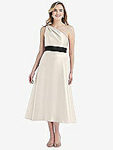 Front View Thumbnail - Ivory & Black Draped One-Shoulder Satin Midi Dress with Pockets
