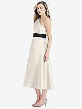 Side View Thumbnail - Ivory & Black Draped One-Shoulder Satin Midi Dress with Pockets
