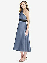 Side View Thumbnail - Larkspur Blue & Black Draped One-Shoulder Satin Midi Dress with Pockets