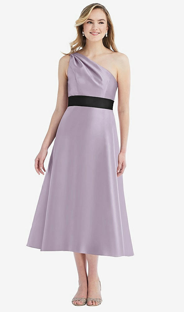 Front View - Lilac Haze & Black Draped One-Shoulder Satin Midi Dress with Pockets