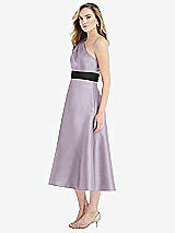 Side View Thumbnail - Lilac Haze & Black Draped One-Shoulder Satin Midi Dress with Pockets