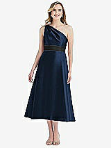 Front View Thumbnail - Midnight Navy & Black Draped One-Shoulder Satin Midi Dress with Pockets
