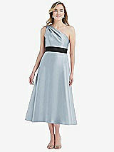 Front View Thumbnail - Mist & Black Draped One-Shoulder Satin Midi Dress with Pockets