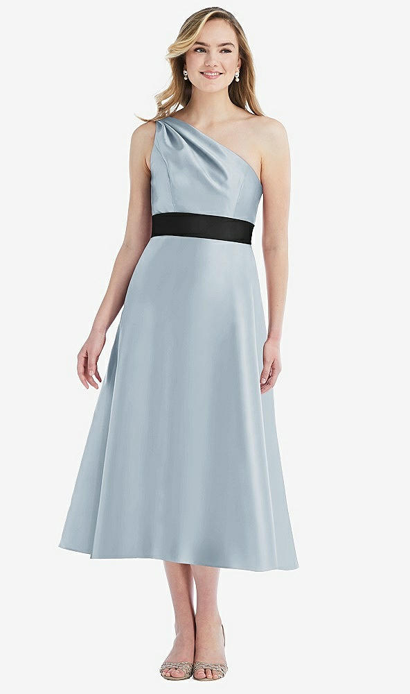 Front View - Mist & Black Draped One-Shoulder Satin Midi Dress with Pockets