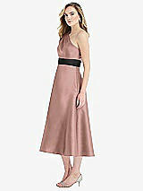 Side View Thumbnail - Neu Nude & Black Draped One-Shoulder Satin Midi Dress with Pockets
