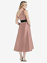 Rear View Thumbnail - Neu Nude & Black Draped One-Shoulder Satin Midi Dress with Pockets