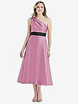 Front View Thumbnail - Powder Pink & Black Draped One-Shoulder Satin Midi Dress with Pockets