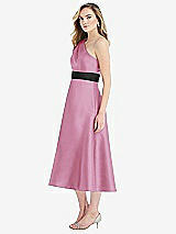 Side View Thumbnail - Powder Pink & Black Draped One-Shoulder Satin Midi Dress with Pockets
