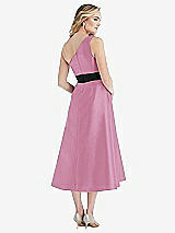 Rear View Thumbnail - Powder Pink & Black Draped One-Shoulder Satin Midi Dress with Pockets