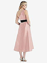 Rear View Thumbnail - Rose & Black Draped One-Shoulder Satin Midi Dress with Pockets