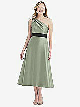 Front View Thumbnail - Sage & Black Draped One-Shoulder Satin Midi Dress with Pockets