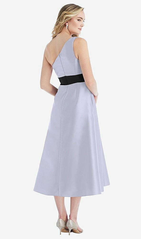 Back View - Silver Dove & Black Draped One-Shoulder Satin Midi Dress with Pockets
