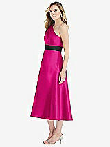 Side View Thumbnail - Think Pink & Black Draped One-Shoulder Satin Midi Dress with Pockets