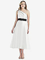 Front View Thumbnail - White & Black Draped One-Shoulder Satin Midi Dress with Pockets