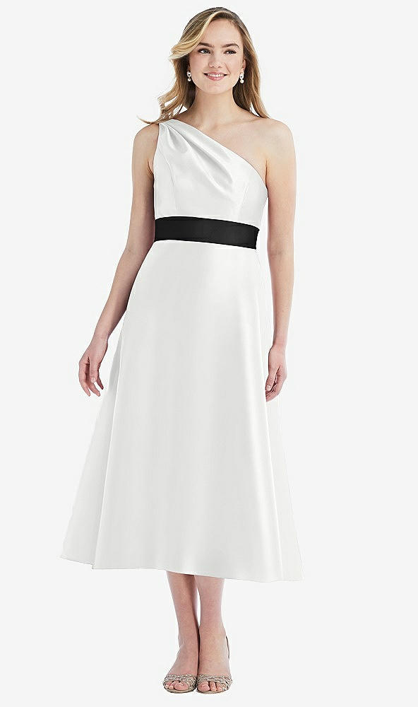 Front View - White & Black Draped One-Shoulder Satin Midi Dress with Pockets