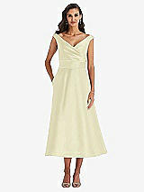 Front View Thumbnail - Butter Yellow & Butter Yellow Off-the-Shoulder Draped Wrap Satin Midi Dress with Pockets