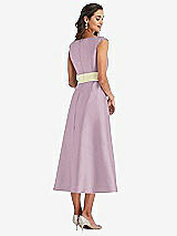 Rear View Thumbnail - Suede Rose & Butter Yellow Off-the-Shoulder Draped Wrap Satin Midi Dress with Pockets