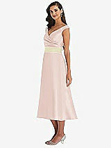 Side View Thumbnail - Blush & Butter Yellow Off-the-Shoulder Draped Wrap Satin Midi Dress with Pockets