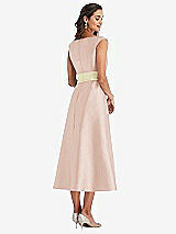 Rear View Thumbnail - Cameo & Butter Yellow Off-the-Shoulder Draped Wrap Satin Midi Dress with Pockets