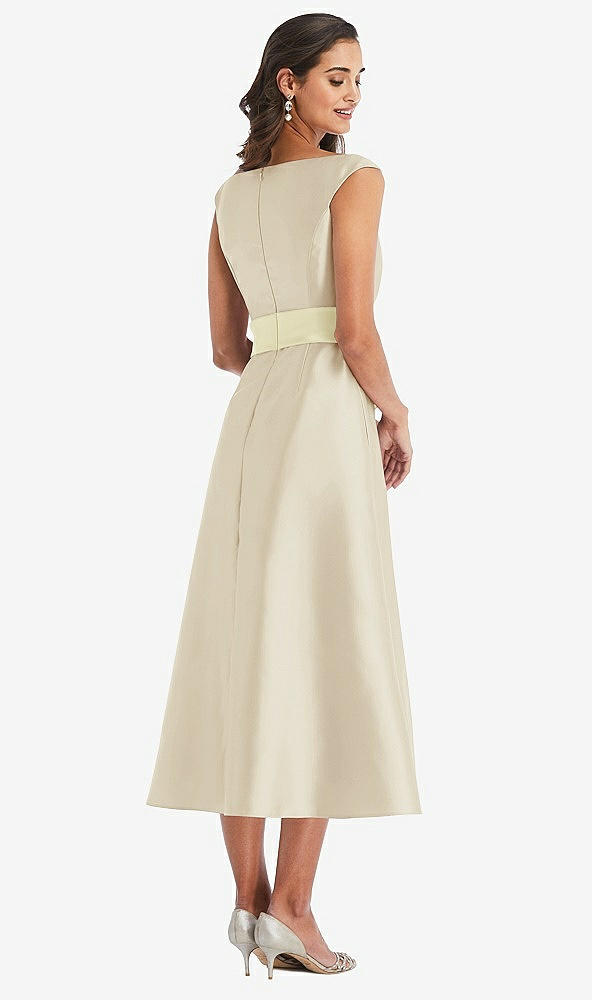 Back View - Champagne & Butter Yellow Off-the-Shoulder Draped Wrap Satin Midi Dress with Pockets