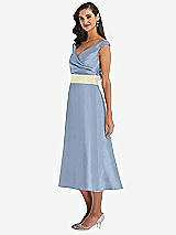Side View Thumbnail - Cloudy & Butter Yellow Off-the-Shoulder Draped Wrap Satin Midi Dress with Pockets