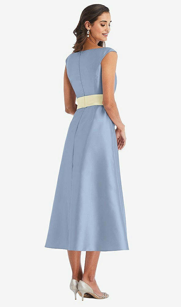 Back View - Cloudy & Butter Yellow Off-the-Shoulder Draped Wrap Satin Midi Dress with Pockets