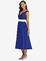 Side View Thumbnail - Cobalt Blue & Butter Yellow Off-the-Shoulder Draped Wrap Satin Midi Dress with Pockets