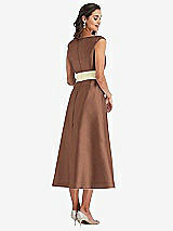 Rear View Thumbnail - Cognac & Butter Yellow Off-the-Shoulder Draped Wrap Satin Midi Dress with Pockets