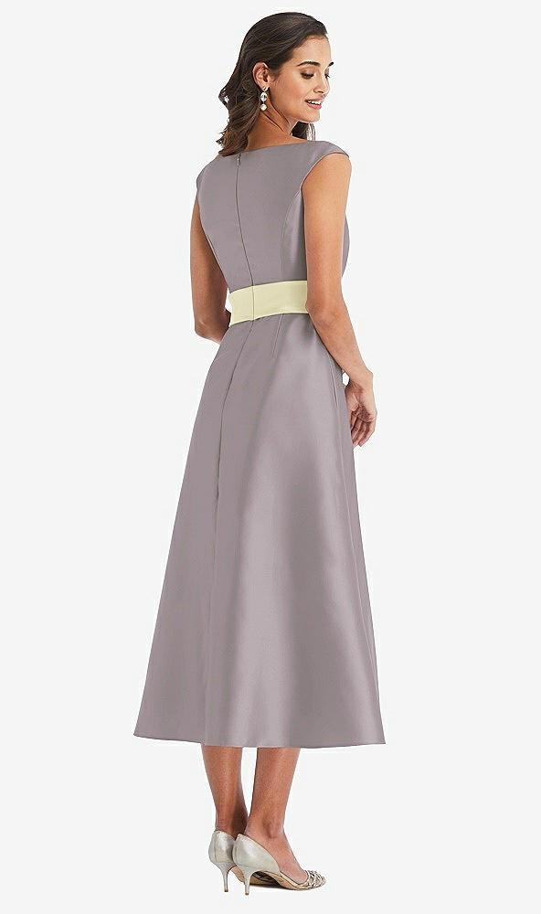 Back View - Cashmere Gray & Butter Yellow Off-the-Shoulder Draped Wrap Satin Midi Dress with Pockets