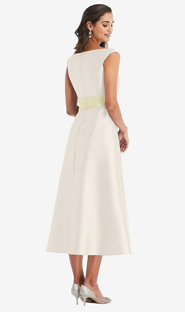 Back View - Ivory & Butter Yellow Off-the-Shoulder Draped Wrap Satin Midi Dress with Pockets