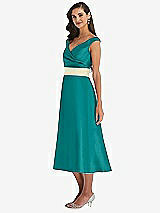 Side View Thumbnail - Jade & Butter Yellow Off-the-Shoulder Draped Wrap Satin Midi Dress with Pockets