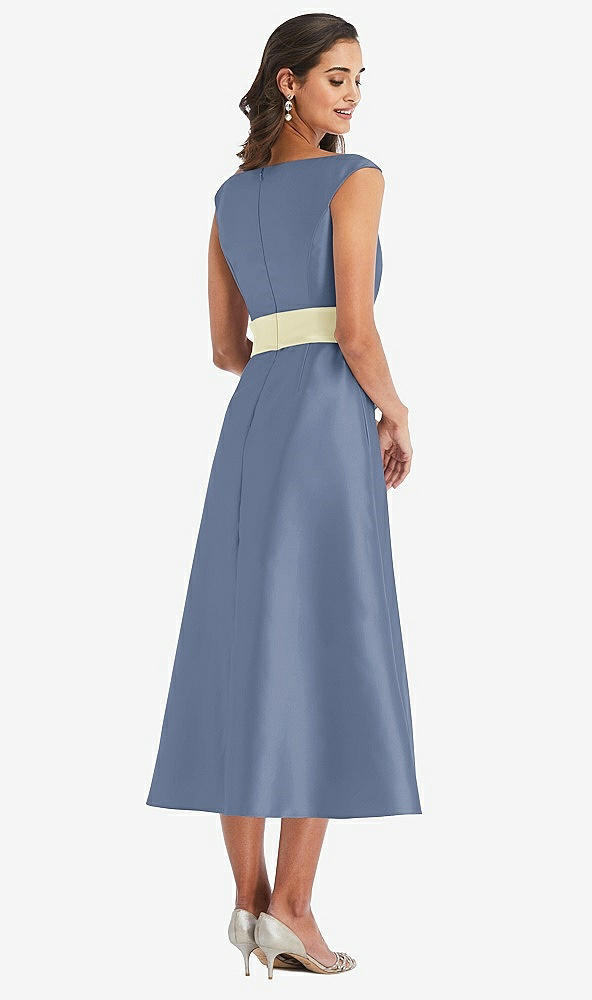 Back View - Larkspur Blue & Butter Yellow Off-the-Shoulder Draped Wrap Satin Midi Dress with Pockets