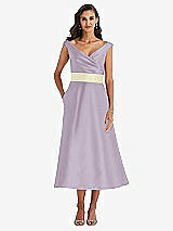 Front View Thumbnail - Lilac Haze & Butter Yellow Off-the-Shoulder Draped Wrap Satin Midi Dress with Pockets