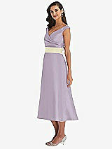 Side View Thumbnail - Lilac Haze & Butter Yellow Off-the-Shoulder Draped Wrap Satin Midi Dress with Pockets