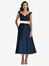 Front View Thumbnail - Midnight Navy & Butter Yellow Off-the-Shoulder Draped Wrap Satin Midi Dress with Pockets
