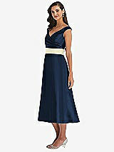 Side View Thumbnail - Midnight Navy & Butter Yellow Off-the-Shoulder Draped Wrap Satin Midi Dress with Pockets