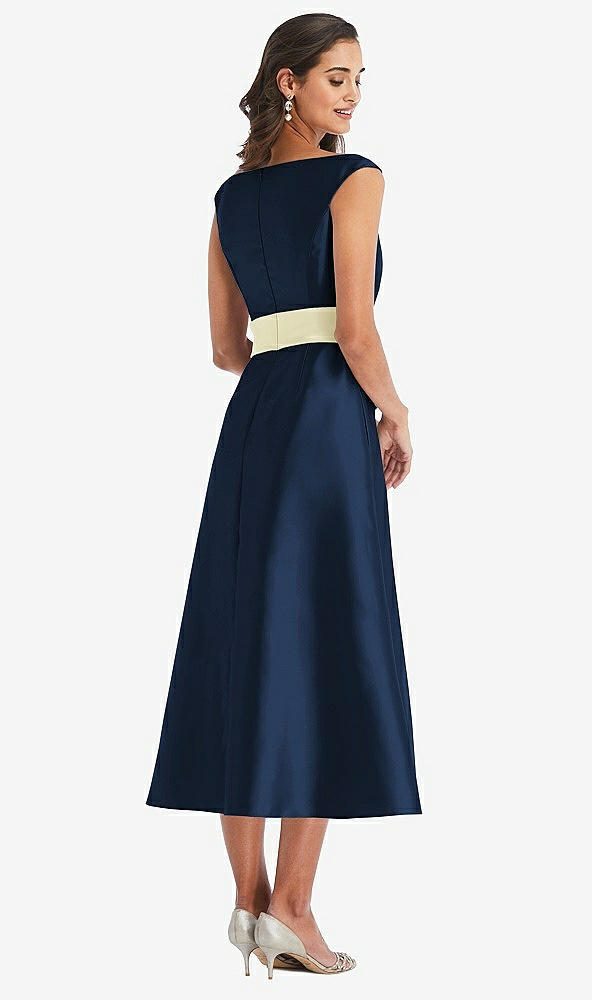 Back View - Midnight Navy & Butter Yellow Off-the-Shoulder Draped Wrap Satin Midi Dress with Pockets