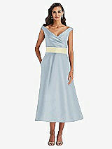 Front View Thumbnail - Mist & Butter Yellow Off-the-Shoulder Draped Wrap Satin Midi Dress with Pockets