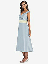 Side View Thumbnail - Mist & Butter Yellow Off-the-Shoulder Draped Wrap Satin Midi Dress with Pockets