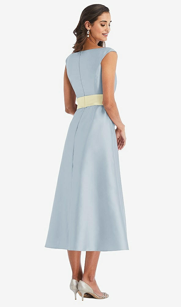 Back View - Mist & Butter Yellow Off-the-Shoulder Draped Wrap Satin Midi Dress with Pockets