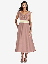 Front View Thumbnail - Neu Nude & Butter Yellow Off-the-Shoulder Draped Wrap Satin Midi Dress with Pockets